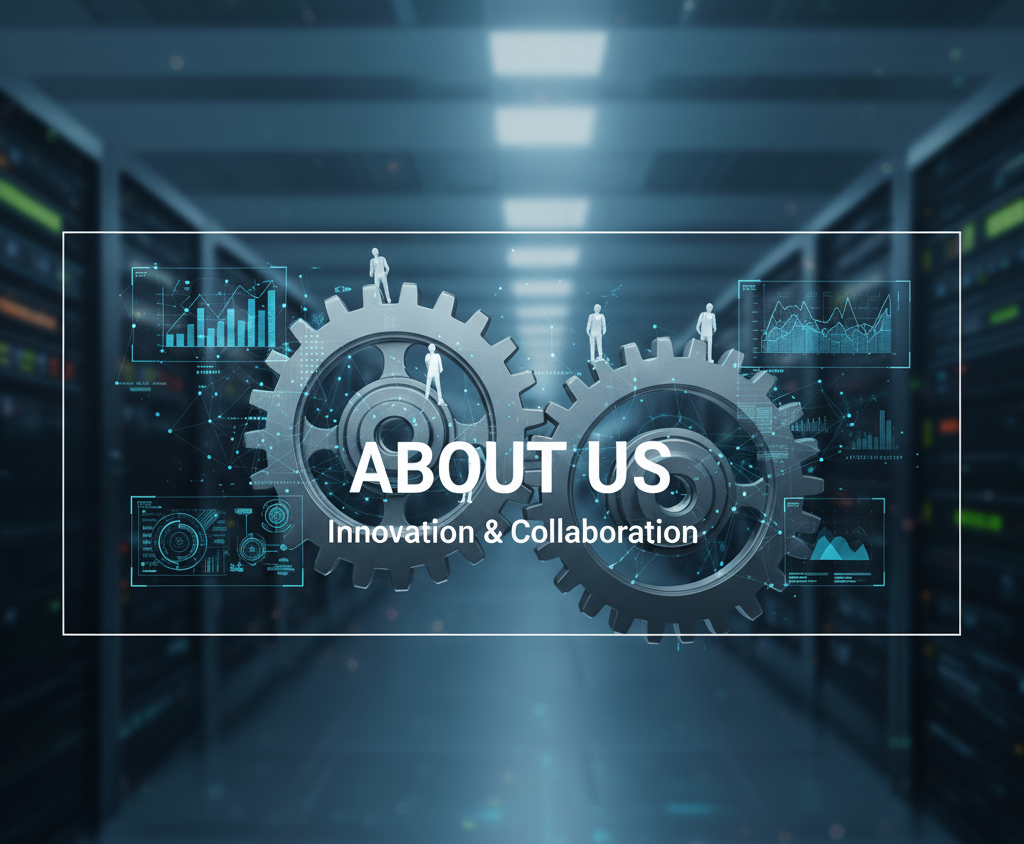 Gears with "About Us" text, set against a tech background representing innovation.